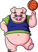 o porco bonito está jogando basquete e fazendo um truque vetor