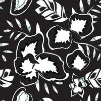 ilustração desenhada à mão com plantas de padrão sem emenda tropical preto e branco em fundo preto. padrão de vetor na moda. papel de parede da selva. verão de trópicos exóticos. textura da moda. decoração de primavera