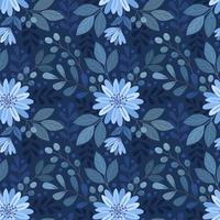 flores monocromáticas azuis e padrão sem emenda de folha. vetor