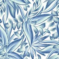 vetor monocromático azul mão desenhada deixa ilustração com textura de impressão na moda de plantas tropicais padrão sem emenda. selva vintage exótica. papel de parede decorativo. arte de verão