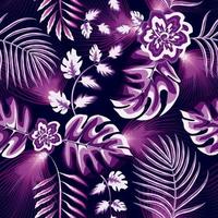 elegante padrão tropical sem costura com folhas de monstera roxo claro e folha de palmeira com mais plantas em fundo azul escuro. belas plantas exóticas. estampa de verão na moda do Havaí. papel de parede da natureza vetor