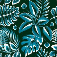 vintage abstrato floresta tropical sem costura padrão com folhas de samambaia azul monocromática, plantas monstera e folha de palmeira no fundo da noite. ilustração de folhagem da selva. papel de parede da natureza vetor
