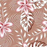 impressão de textura elegante padrão tropical sem costura de verão com folhas de monstera rosa, folha de palmeira e flores abstratas rosa em fundo pastel. trópicos exóticos. estampa da selva. fundo da natureza vetor