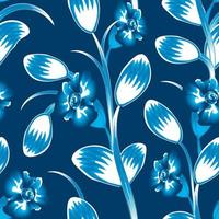 folhas de plantas florais de cor monocromática azul e flores abstratas padrão tropical sem costura em fundo escuro. textura decorativa. papel de parede floral. verão exótico. papel de parede da natureza vetor