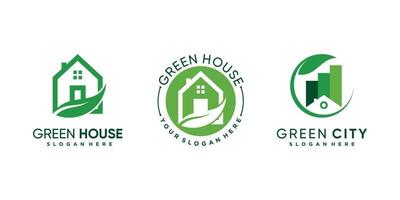 conjunto de pacote de design de logotipo de ícone de casa verde com conceito exclusivo e vetor premium de elemento de folha
