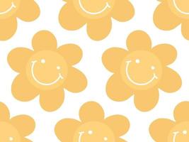 bonito simples padrão sem costura floral de fundo com cabeça de flor de margarida doodle, rosto com sorriso. cenário de flor amarela positiva vetor