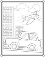 carros e aviões na cidade adequados para ilustração vetorial de página para colorir infantil vetor