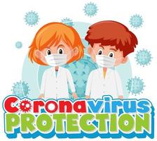 cartaz de proteção de coronavírus com crianças vestindo máscaras e células de vírus vetor