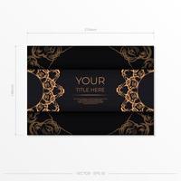 modelo de cartão postal preto retangular com padrões de ouro luxuosos. design de convite pronto para impressão com ornamentos vintage. vetor