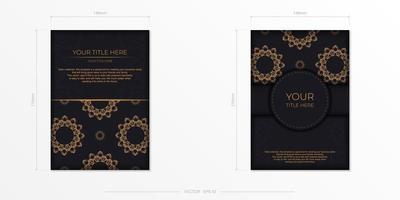 postais retangulares em preto com luxuosos ornamentos de ouro. desenho vetorial de cartão de convite com padrões vintage. vetor
