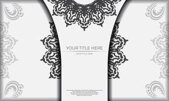 banner de modelo branco com ornamentos pretos e coloque sob o texto. modelo para cartão de convite para impressão de design com padrões de mandala. vetor