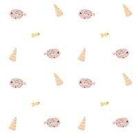 bonito padrão ilustrado com peixe, polvo, algas, conchas. peixe desenhado à mão em um padrão para têxteis, roupas infantis, papel de parede, papel de embrulho, capas de smartphone. vetor