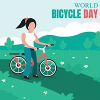 ilustração vetorial gráfico de uma mulher está guiando sua bicicleta em um jardim de flores, perfeito para o dia mundial da bicicleta, transporte, esporte, comemorar, cartão de felicitações, etc. vetor