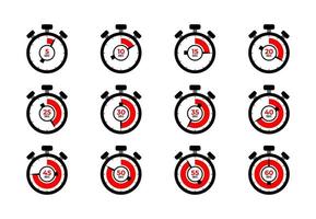 conjunto de ícone de temporizador e cronômetro. contagem regressiva de 5 a 60 segundos. etiqueta de cozimento e temporizador de cozinha. vetor
