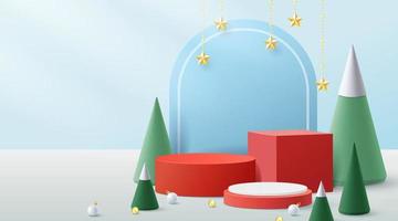 pódio para mostrar o produto display.winter natal decorativo sobre fundo azul com árvore de natal. vetor 3D