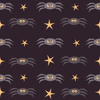 fundo sem emenda do dia das bruxas. aranhas engraçadas e estrelas isoladas em roxo para convites de design de halloween, cartões, menu. ilustração vetorial de desenho animado vetor
