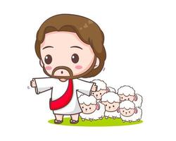 jesus cristo protege o personagem de desenho animado de ovelhas. ilustração de mascote bonito. fundo branco isolado. história bíblica religião e fé. vetor