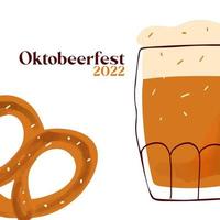 ilustração octobeerfest 2022 com caneca de cerveja estilizada, com pretzel de lanche tradicional em fundo branco vetor
