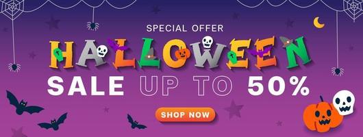 publicidade bonito dos desenhos animados de halloween promoção de marketing on-line venda até 50 web banner vetor de cartão de convite de fundo violeta fantasma, crânio, abóbora, jack o lanterna, morcego, loja de teia de aranha agora botão