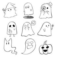 ilustração em vetor de halloween pequena linha de desenho animado fantasma em fundo branco.