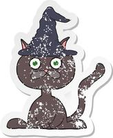adesivo retrô angustiado de um gato de halloween de desenho animado vetor