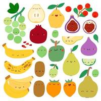 coleção de vetores super fofos de frutas desenhadas à mão. conjunto de frutas da estação. personagens de frutas de outono - uva, marmelo, banana, kiwi, pêra, figo, maçã, caqui, romã, cranberries