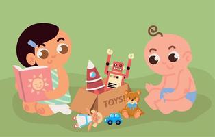 bebês fofos e caixa de brinquedos vetor
