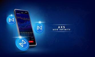 Axie Infinity moeda e telefone. aplicativo para negociação de moeda criptográfica no smartphone com tela de toque. mercado de ações de análise de dados. tendências e estratégia financeira. criptomoeda de banco móvel. vetor 3d.