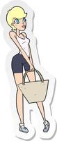 adesivo de uma mulher atraente de desenho animado fazendo compras vetor