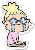 adesivo de uma mulher chorando de desenho animado usando óculos vetor