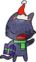 desenho de gato falante texturizado de um chapéu de Papai Noel vetor