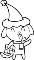 desenho de linha bonito de um cachorro com presente de natal usando chapéu de papai noel vetor