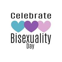 comemorar o dia da bissexualidade, ideia para cartaz, banner ou cartão de férias, três corações coloridos, expressão de amor vetor