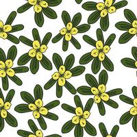 padrão sem costura com uma flor amarela com um monte de folhas verdes em um fundo branco, motivo floral com pétalas arredondadas simples vetor