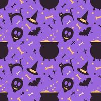 fundo sem emenda do dia das bruxas. crânio abstrato, osso, gato preto, pote de morcego e bruxa e chapéu isolado em roxo para convites de halloween de design, cartões, menu. ilustração vetorial de desenho animado vetor