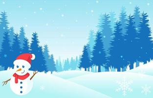 ilustração de estilo plano de fundo de paisagem de inverno com boneco de neve fofo vetor
