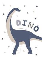 cartaz bonito das crianças nórdicas ou cartão de aniversário com um dinossauro azul. ilustração vetorial com um animal selvagem pré-histórico em um cartão de felicitações. vetor