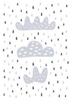 cartaz nórdico infantil com pingos de chuva e nuvens. ilustração vetorial de uma impressão de bebê para um cartão ou roupas vetor