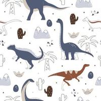 padrão sem costura azul nórdico com dinossauros fofos e palma. ilustração vetorial para tecido, papel de parede e impressão. vetor