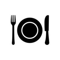 talheres de metal de restaurante para pictograma de glifo de jantar. garfo faca prato silhueta preta ícone. louça café comida almoço símbolo plano. sinal de talheres de garfo e faca de jantar. ilustração vetorial isolado. vetor