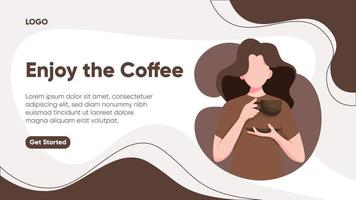 modelo de banner editável com ilustração de mulher tomando café vetor