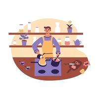 homem bonito cozinhando na cozinha. cara jovem de avental preparando comida deliciosa. marido de casa faz um jantar caseiro saudável. ilustração vetorial plana dos desenhos animados em cores da moda, isoladas no fundo branco vetor