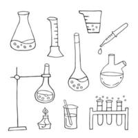 coleção de desenho de doodle de ciências de laboratório clínico. elementos como equipamentos de laboratório, experimentos etc estão incluídos. ilustrações vetoriais desenhadas à mão doodle isoladas sobre fundo branco. vetor