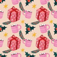 design de padrão perfeito de itens de natal fofos para papel de embrulho em fundo rosa vetor