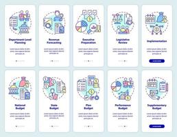 conjunto de telas de aplicativos móveis de integração de orçamentos estaduais e governamentais. passo a passo 5 passos páginas de instruções gráficas com conceitos lineares. ui, ux, modelo de gui. vetor