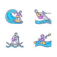 conjunto de ícones de cores de esportes aquáticos. surf, esqui aquático, rafting e sup boarding. esportes radicais. lazer de férias de verão, aventuras. atividades de praia oceânica. ilustrações vetoriais isoladas vetor