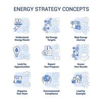 conjunto de ícones de conceito de luz azul estratégia de energia. gerenciamento de ilustração de cores de linha fina de ideia de consumo de energia. símbolos isolados. traço editável. vetor