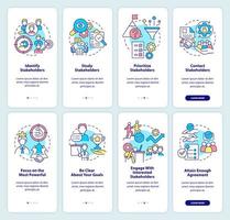 gerenciamento e análise de partes interessadas onboarding conjunto de telas de aplicativos móveis. passo a passo 4 passos páginas de instruções gráficas com conceitos lineares. ui, ux, modelo de gui. vetor