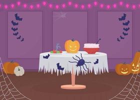 ilustração em vetor de cor plana de arranjo de festa em casa de halloween. refeição de férias. evento sazonal. decorações assustadoras. interior de desenho simples 2d totalmente editável com abóboras no fundo