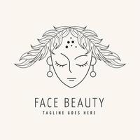 logotipo de design de ilustração de rosto feminino de estilo de arte de linha com cabelo de flores e folhas em estilo elegante, símbolo, modelo, vetor